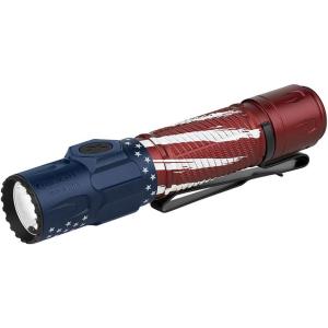 imageOLIGHT Warrior Ultra 2500 Lumens Tactical Flashlight Compact Dual Switches Rechargeable Bright Light with Proximity Sensor Suitable for Emergency Outdoor Searching Stars amp Stripes EditionRed